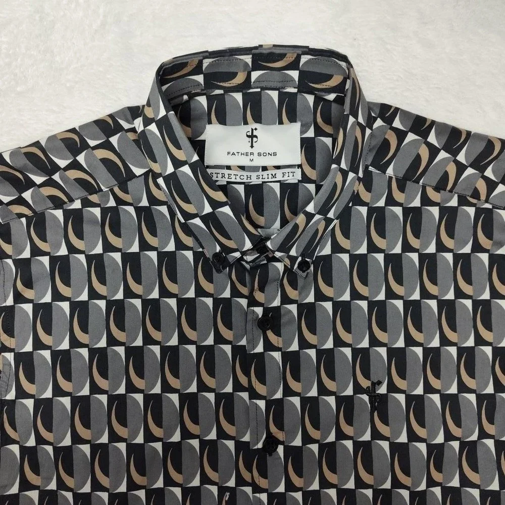 Father Sons Shirt Mens Medium‎ Gray Geometric Short Sleeve Button Up Slim Fit